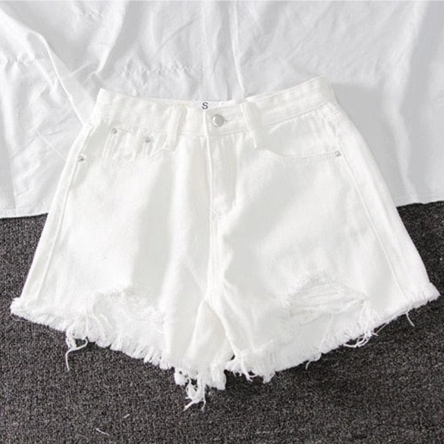 Women Wide Leg Hole Black Denim Shorts Casual Female Streetwear Loose Solid Color White Jeans Shorts Casual Female Shorts Loose