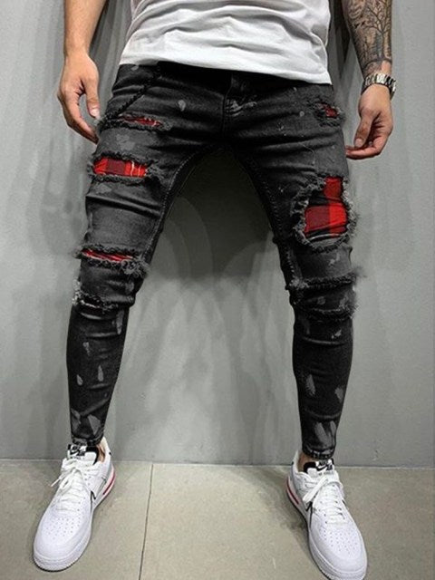 Paint Ripped Jeans Men&#39;s Jeans Sweatpants Sexy Hole Pants Casual Male Skinny Trousers Slim Biker Outwears Pants European Size