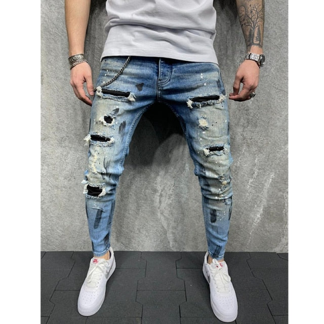 Paint Ripped Jeans Men&#39;s Jeans Sweatpants Sexy Hole Pants Casual Male Skinny Trousers Slim Biker Outwears Pants European Size