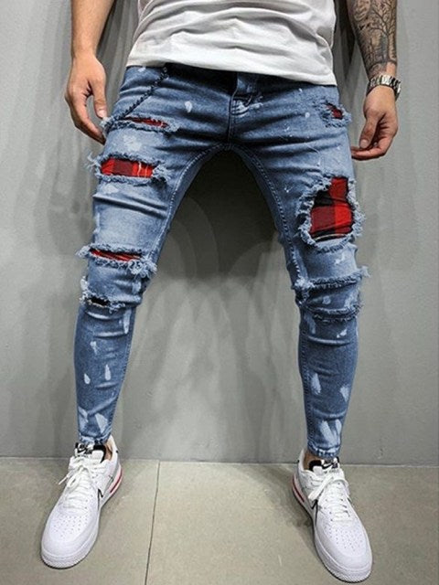Paint Ripped Jeans Men&#39;s Jeans Sweatpants Sexy Hole Pants Casual Male Skinny Trousers Slim Biker Outwears Pants European Size