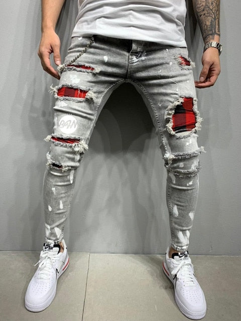 Paint Ripped Jeans Men&#39;s Jeans Sweatpants Sexy Hole Pants Casual Male Skinny Trousers Slim Biker Outwears Pants European Size