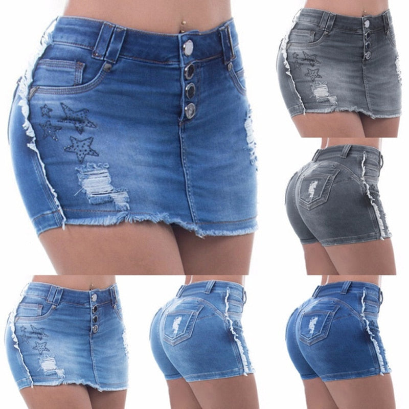 Jean Shorts Women Summer Denim Skirt Shorts High Waist Skinny Ripped Washed Jeans Fashion Button Design Streetwear