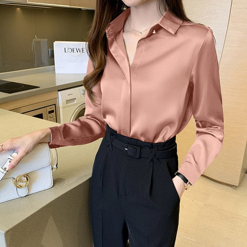 Silk Shirts Women White Shirt Women Long Sleeve Shirts Blouse Office Lady Satin Silk Blouse Tops White Woman Basic 3XL Shirt Top