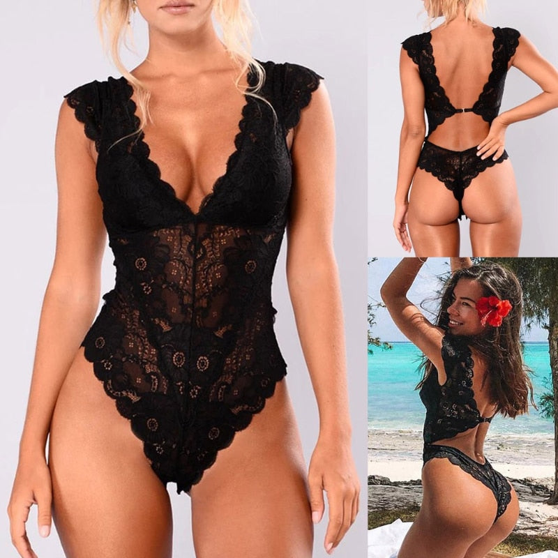 Sexy Teddies Mesh Lace Women&#39;s Bodysuit Sexy Lingerie Halter Jumpsuit Pajamas Hollow See-through Teddy Bodysuit