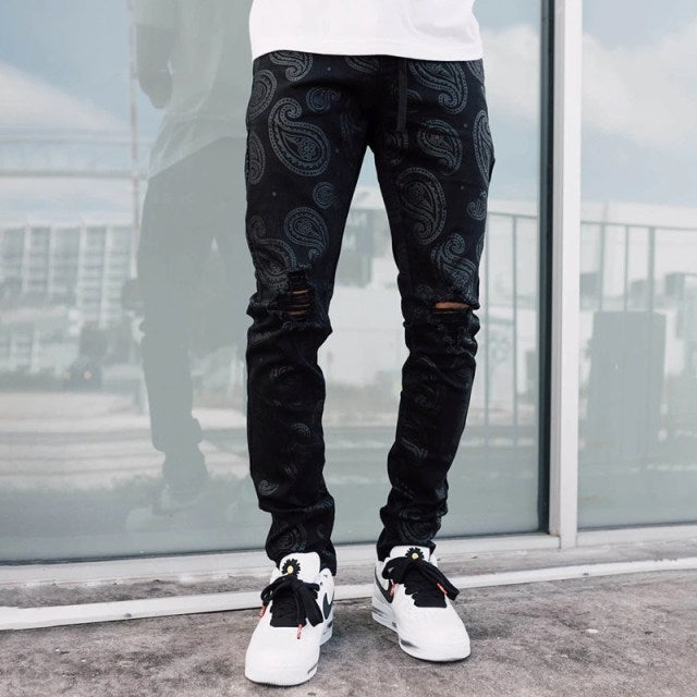 Paint Ripped Jeans Men&#39;s Jeans Sweatpants Sexy Hole Pants Casual Male Skinny Trousers Slim Biker Outwears Pants European Size