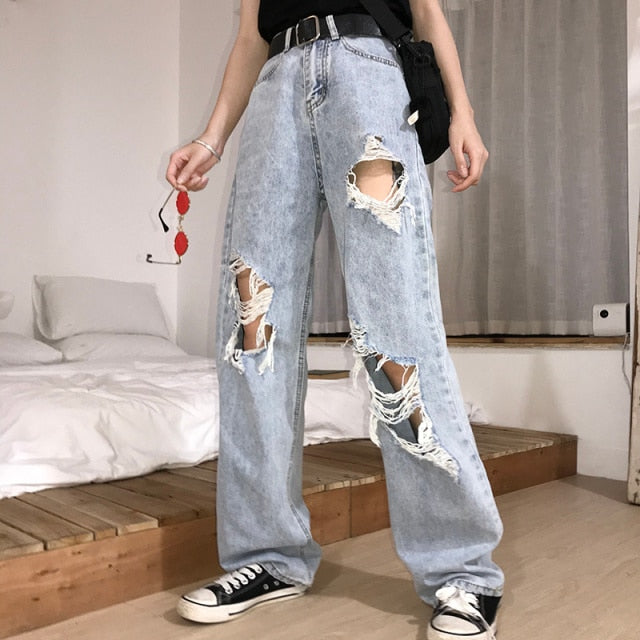 2020 New High Waist Ripped Jeans Women&#39;s hip hop Loose Jeans 5XL Women Pants Vintage Female Torn Trousers Streetwear KZ69