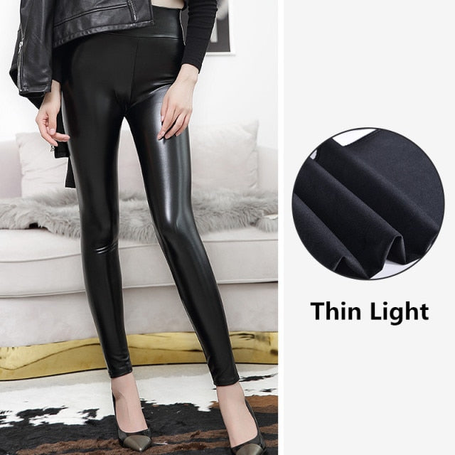 Everbellus High Waist Leather Leggings for Women Black Light&amp;Matt Thin&amp;Thick Femme Fitness PU Leggings Sexy Push Up Slim Pants