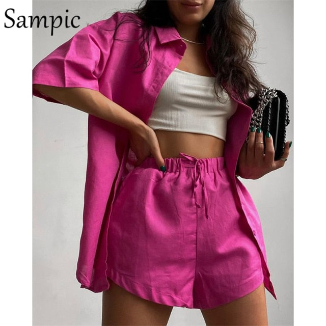 Sampic Loung Wear Tracksuit Women Shorts Set Stripe Long Sleeve Shirt Tops And Loose High Waisted Mini Shorts Two Piece Set 2021