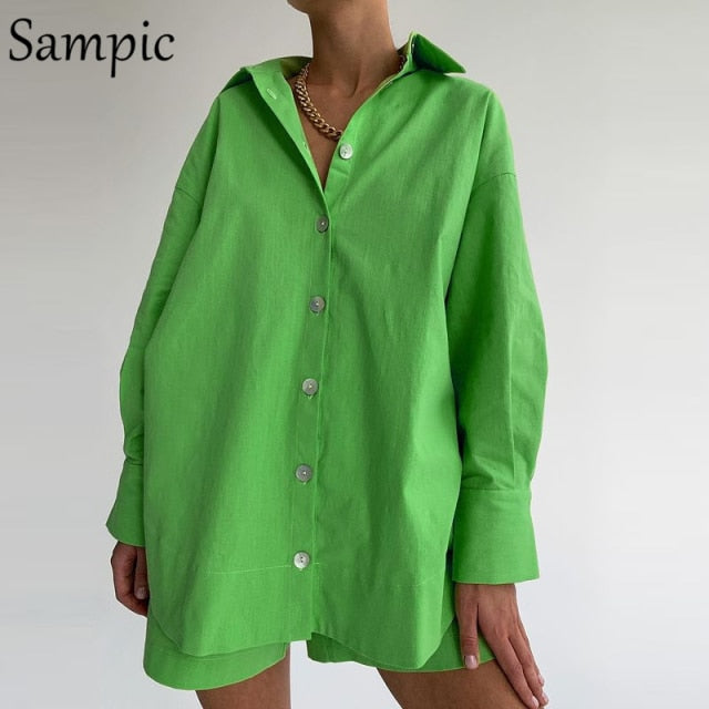 Sampic Loung Wear Tracksuit Women Shorts Set Stripe Long Sleeve Shirt Tops And Loose High Waisted Mini Shorts Two Piece Set 2021