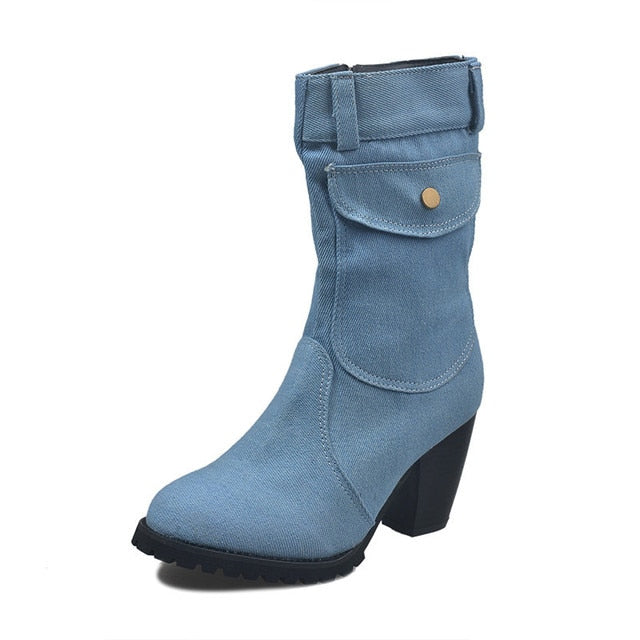 Blue jeans boots Women&#39;s Mid-rise Rome Solid Slip-On Chunky Med Heels Boots wild vintage Large Size Ladies shoes