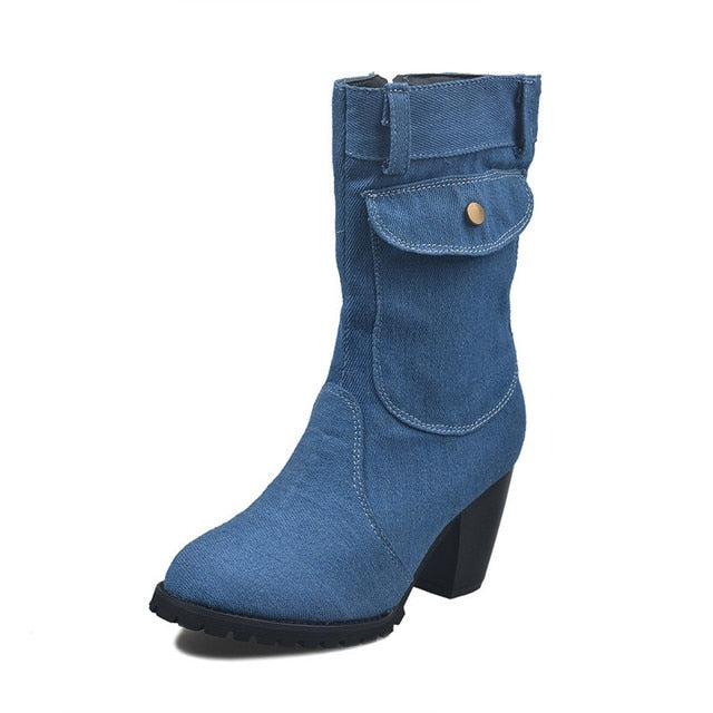 Blue jeans boots Women&#39;s Mid-rise Rome Solid Slip-On Chunky Med Heels Boots wild vintage Large Size Ladies shoes