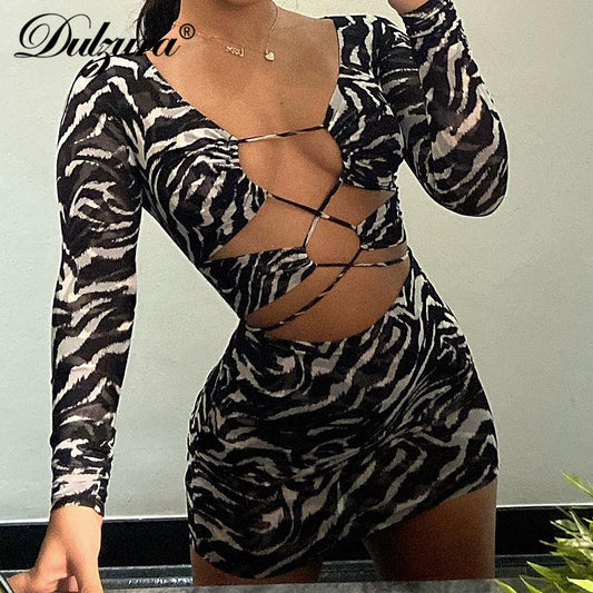 Dulzura Zebra Print Women Lace Up Long Sleeve Mini Dress V Neck Hollow Out Cross Bodycon Halter Party Club 2021 Autumn Winter