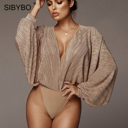 Sibybo Deep V-Neck Pleated Sexy Bodysuit For Women Black Long Sleeve Bodysuit Rompers Femme Fall Clothing 2021 Fashion Tops