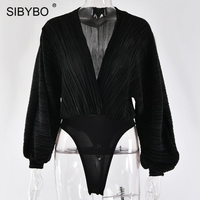 Sibybo Deep V-Neck Pleated Sexy Bodysuit For Women Black Long Sleeve Bodysuit Rompers Femme Fall Clothing 2021 Fashion Tops