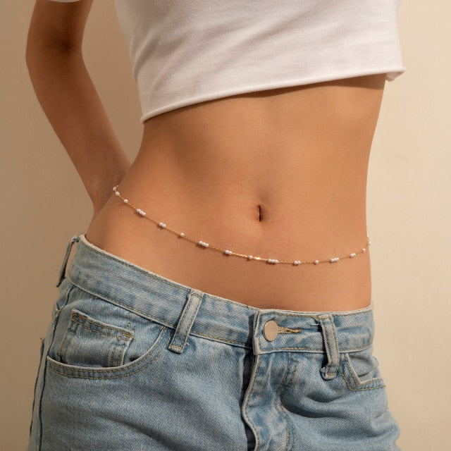 Sexy Vintage Aesthetic Belly Chain Thin Beads Link Body Chain Waist Chain Belt Y2K Streetwear Summer Women Fashion Body Jewelry