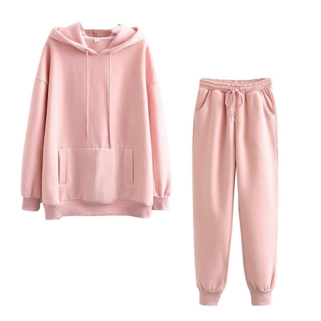 Tangada 2021 Autumn Winter Women tracksuit thick fleece 100% cotton suit 2 pieces sets hoodies sweatshirt and pants suits 6L17