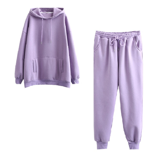 Tangada 2021 Autumn Winter Women tracksuit thick fleece 100% cotton suit 2 pieces sets hoodies sweatshirt and pants suits 6L17