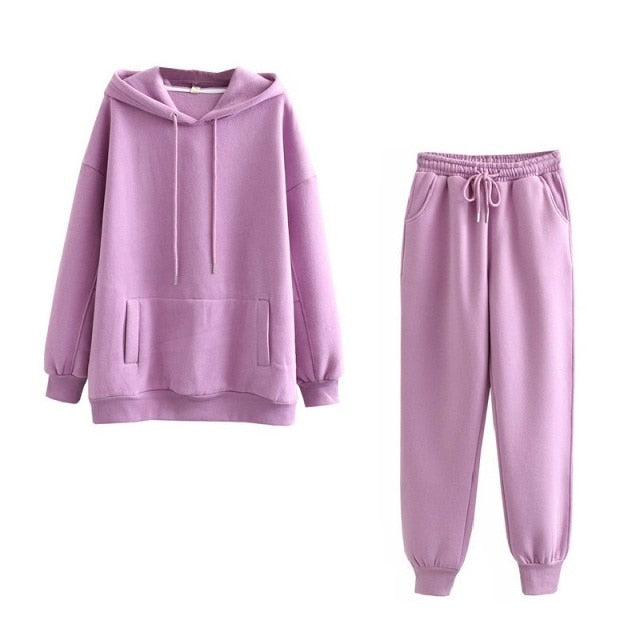 Tangada 2021 Autumn Winter Women tracksuit thick fleece 100% cotton suit 2 pieces sets hoodies sweatshirt and pants suits 6L17