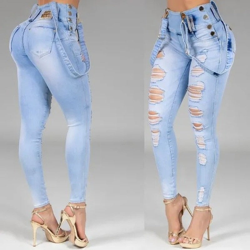 Women Jeans High Waisted Straight Skinny Stretchy Pant Streetwear Ladies Hole Washed Bandage Denim Pencil Pants Trousers 2021