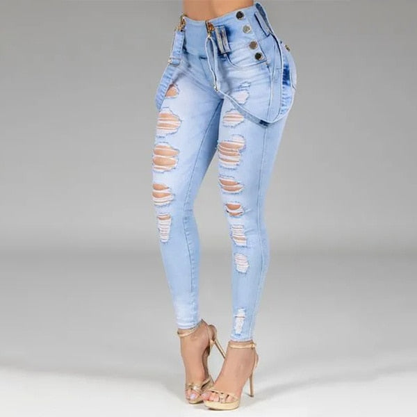 Women Jeans High Waisted Straight Skinny Stretchy Pant Streetwear Ladies Hole Washed Bandage Denim Pencil Pants Trousers 2021