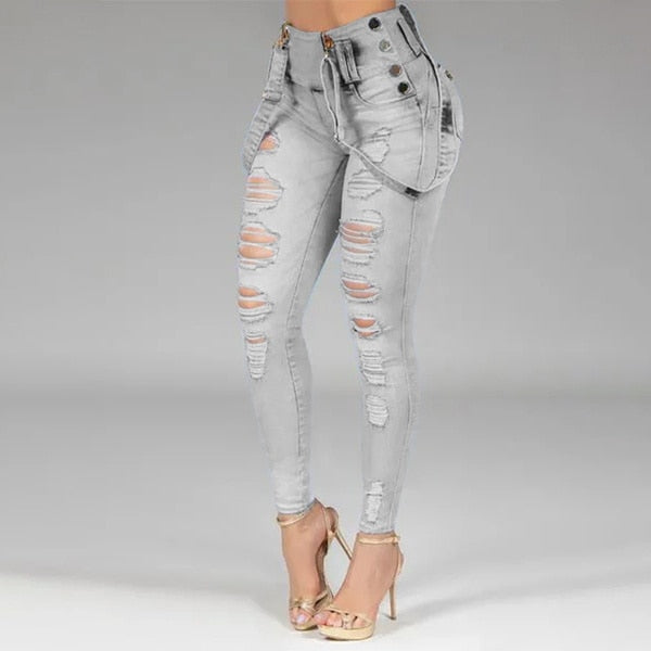 Women Jeans High Waisted Straight Skinny Stretchy Pant Streetwear Ladies Hole Washed Bandage Denim Pencil Pants Trousers 2021