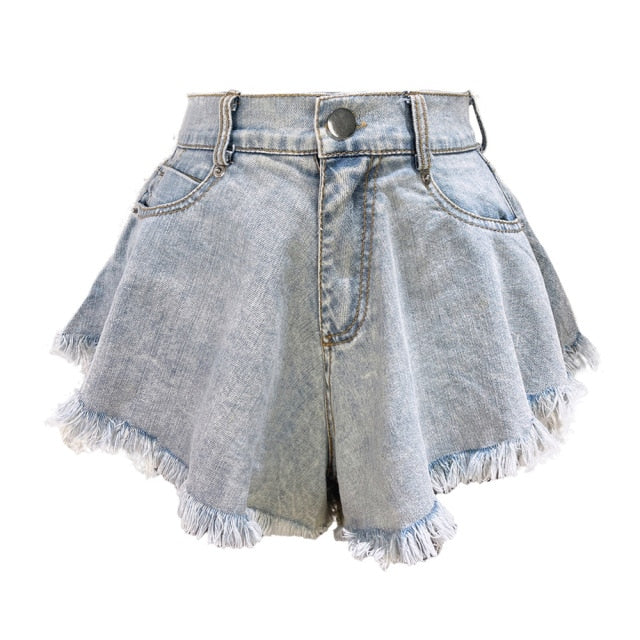 2022 New Women Denim Shorts With Holes And High Waist Loose Tassel Jeans S-XXL