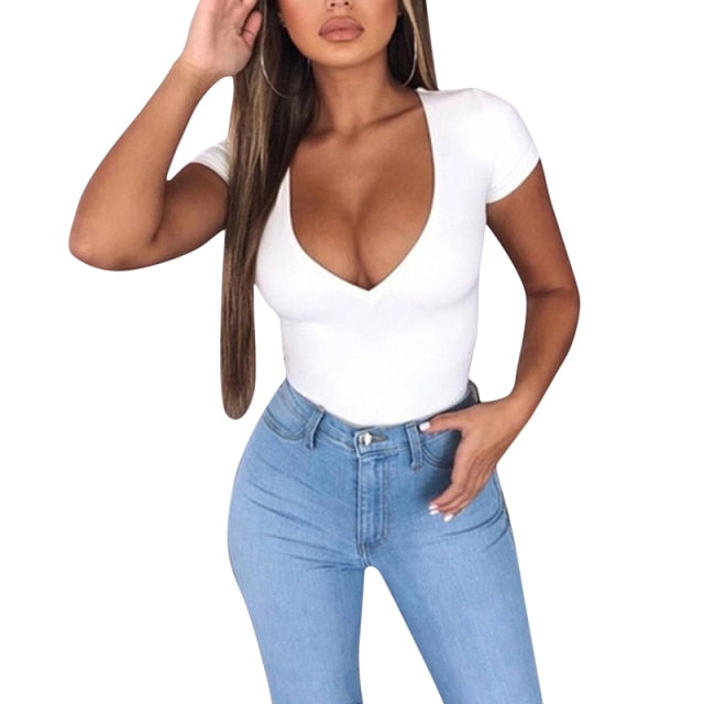 New Casual White Bodysuit Women Summer Short Sleeve Woman Body Top Cotton Polyester Bodycon Jumpsuit Romper Ladies