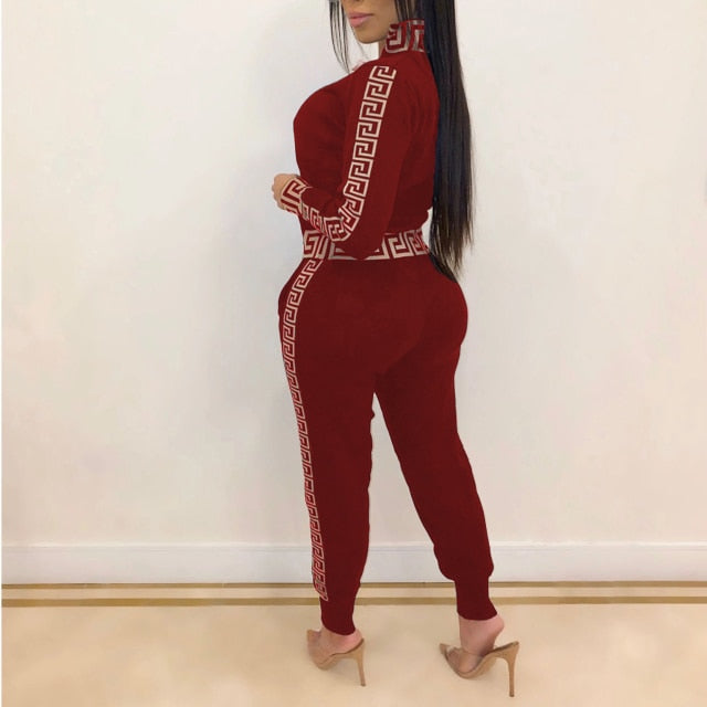 2021 Tracksuits Women Elegant Two-Pieces Suit Sets Female Stylish Plus Size Greek Fret Print Coat &amp; Pant Zip Sets Joggers Women