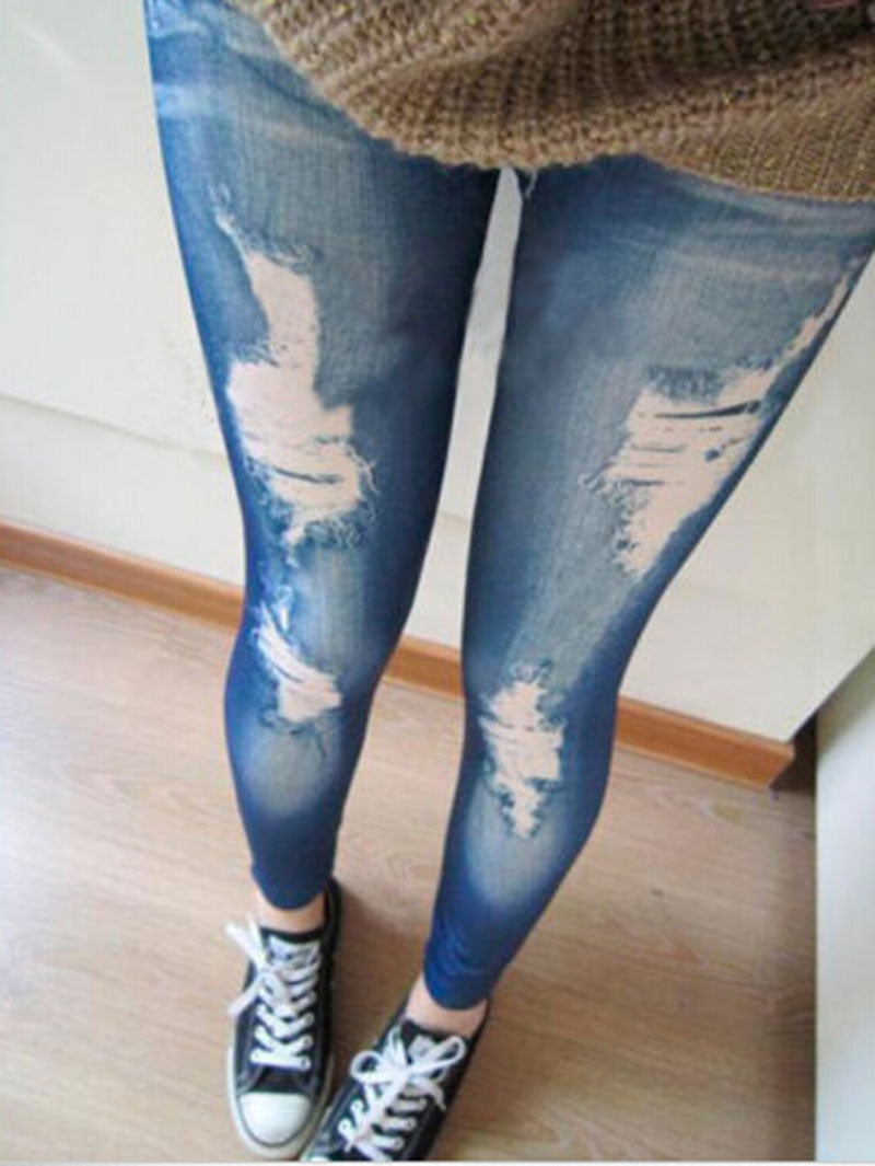 Women Leggings Fashion Destroyed Leggings Jeans Look Jeggings Stretch Skinny Laddy Jeans Black/Blue