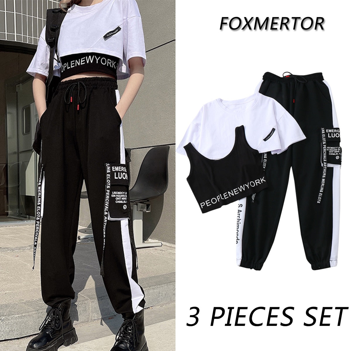 3 Pieces Set Summer Women Cargo Pants Suit Set Streetwear Outfit Harajuku Short Sleeve 2022 Trousers Crop Tops Tee Shirt #TZ05