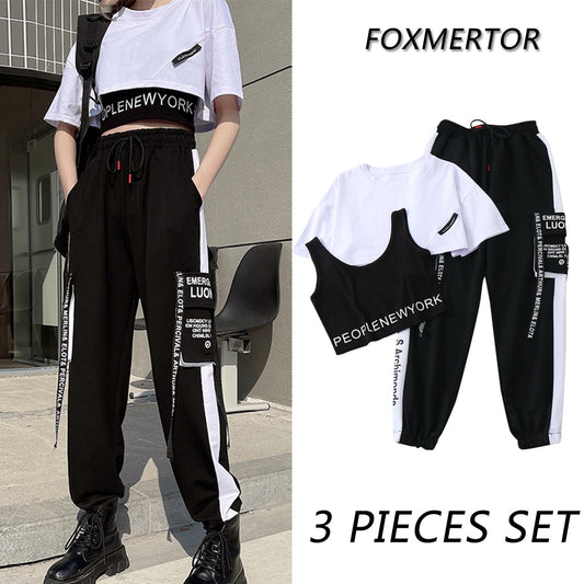 3 Pieces Set Summer Women Cargo Pants Suit Set Streetwear Outfit Harajuku Short Sleeve 2022 Trousers Crop Tops Tee Shirt #TZ05