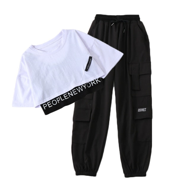 3 Pieces Set Summer Women Cargo Pants Suit Set Streetwear Outfit Harajuku Short Sleeve 2022 Trousers Crop Tops Tee Shirt #TZ05
