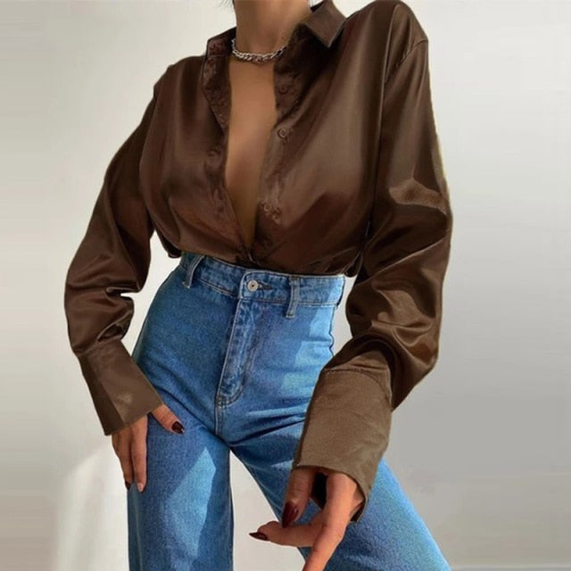 Women 2022 Elegant Satin Solid Long Sleeve Blouses Female Chic Vintage Blue Green Casual Loose Fitting Buttons Down Shirts Tops