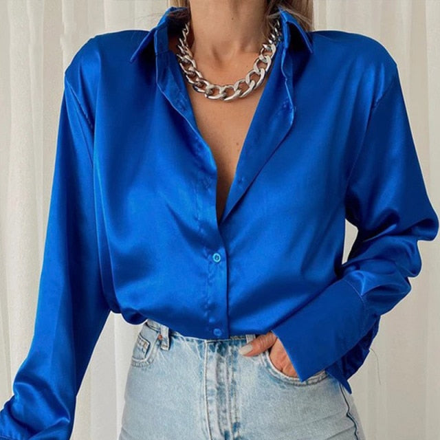 Women 2022 Elegant Satin Solid Long Sleeve Blouses Female Chic Vintage Blue Green Casual Loose Fitting Buttons Down Shirts Tops