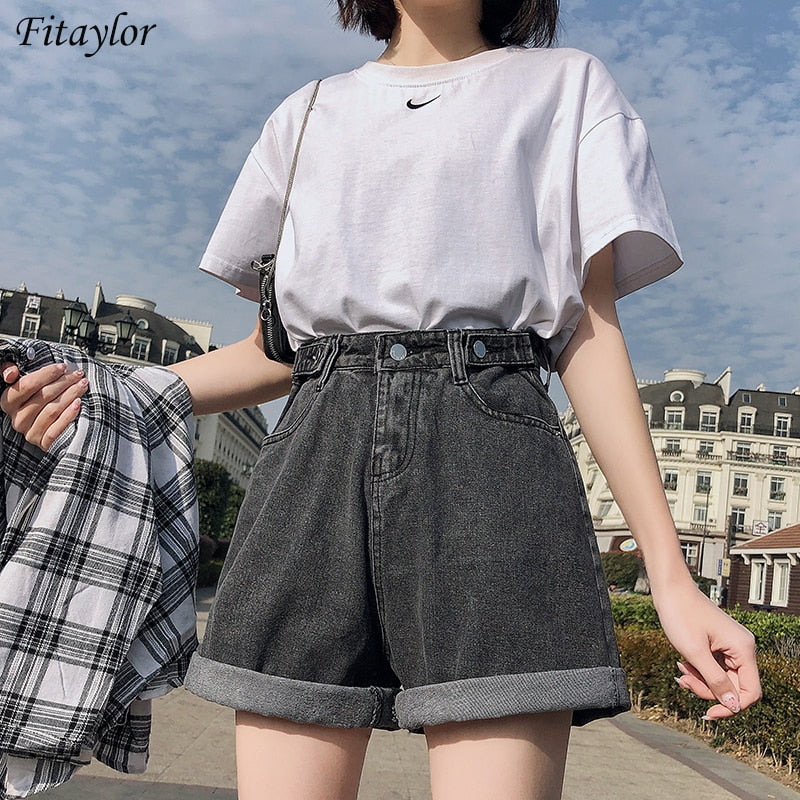 FTLZZ New Summer Women High Waist Button Wigh Leg Jeans Shorts Casual Female Loose Fit Blue Denim Shorts