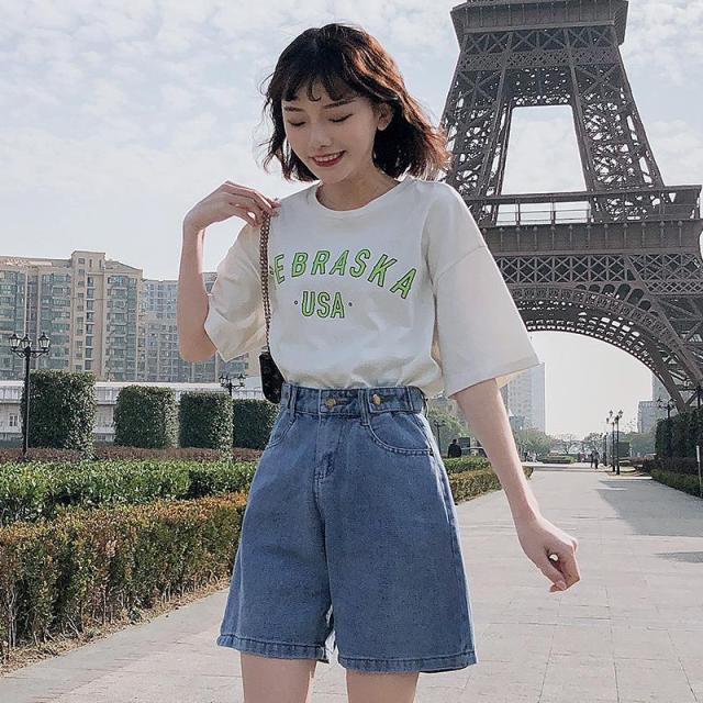 FTLZZ New Summer Women High Waist Button Wigh Leg Jeans Shorts Casual Female Loose Fit Blue Denim Shorts