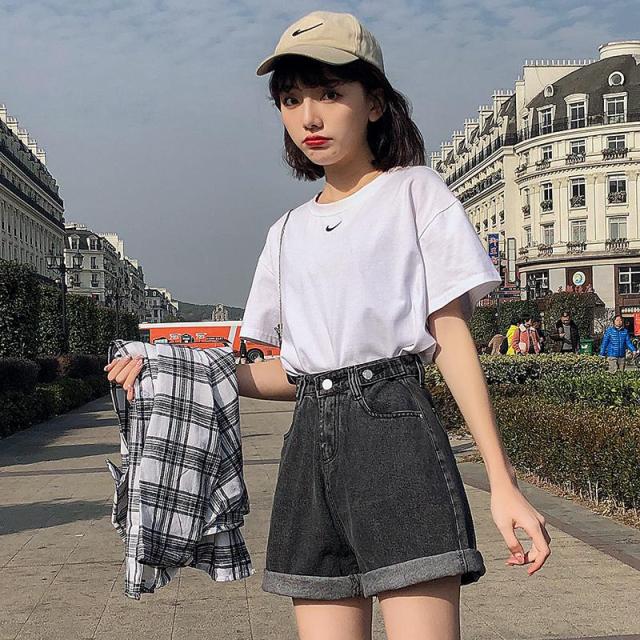 FTLZZ New Summer Women High Waist Button Wigh Leg Jeans Shorts Casual Female Loose Fit Blue Denim Shorts