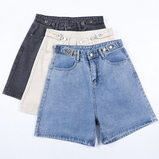 Ailegogo 2022 New Summer Women Button Wigh Leg Jeans Shorts Casual Female High Waist Loose Fit Blue Denim Shorts