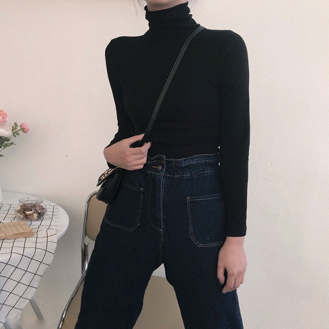 Spring Long Sleeve Turtleneck Tops Slim Knitted Bottoming T Shirt Korean Fashion Sweater Harajuku Pullover Women Clothing Jumper