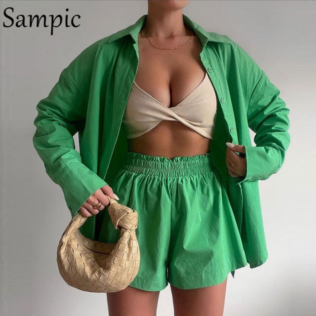 Sampic Loung Wear Tracksuit Women Shorts Set Stripe Long Sleeve Shirt Tops And Loose High Waisted Mini Shorts Two Piece Set 2021