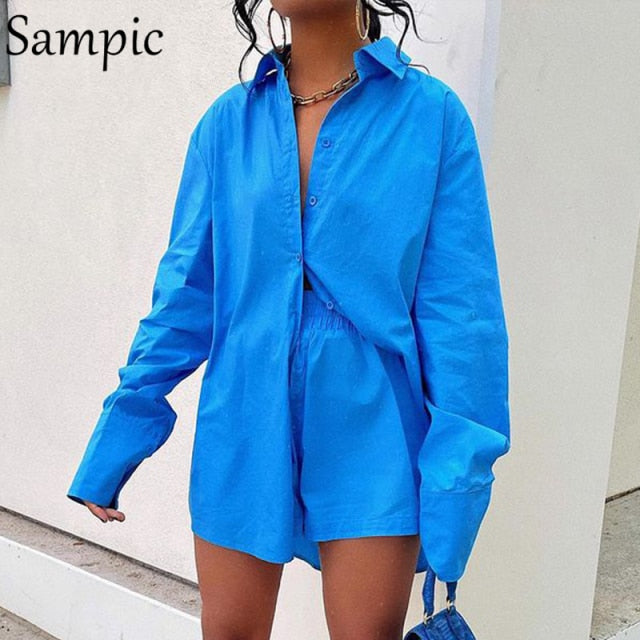 Sampic Loung Wear Tracksuit Women Shorts Set Stripe Long Sleeve Shirt Tops And Loose High Waisted Mini Shorts Two Piece Set 2021